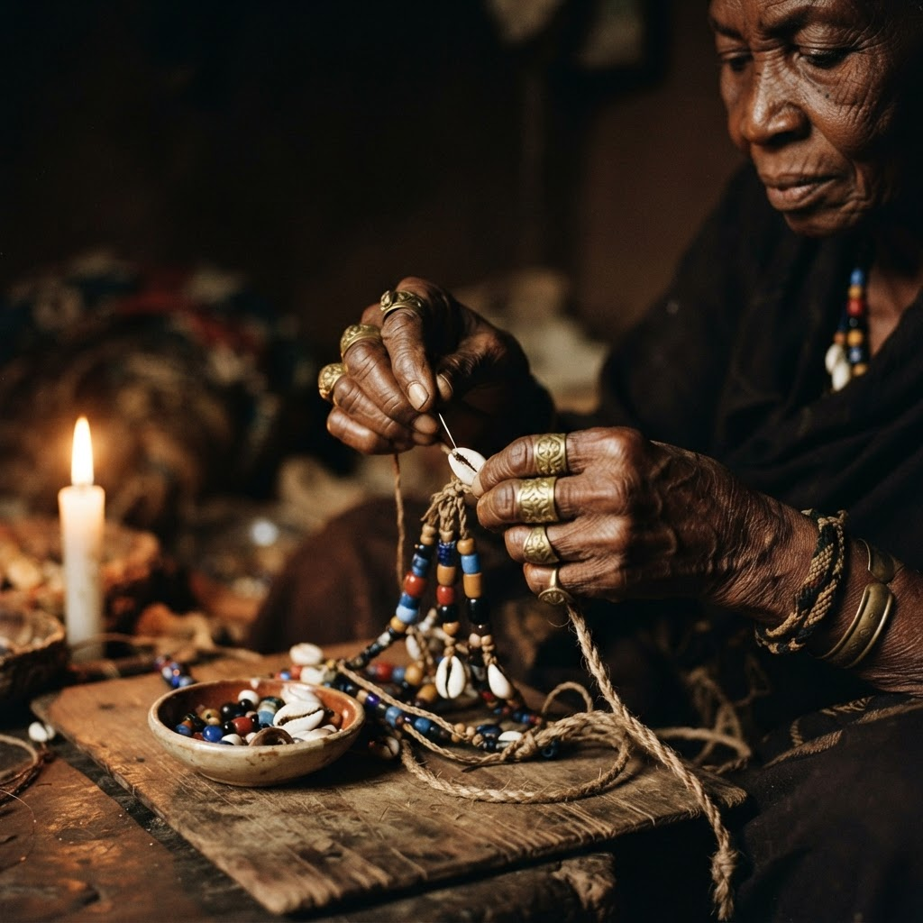 Weathered elder hands crafting a beaded talisman by candlelight