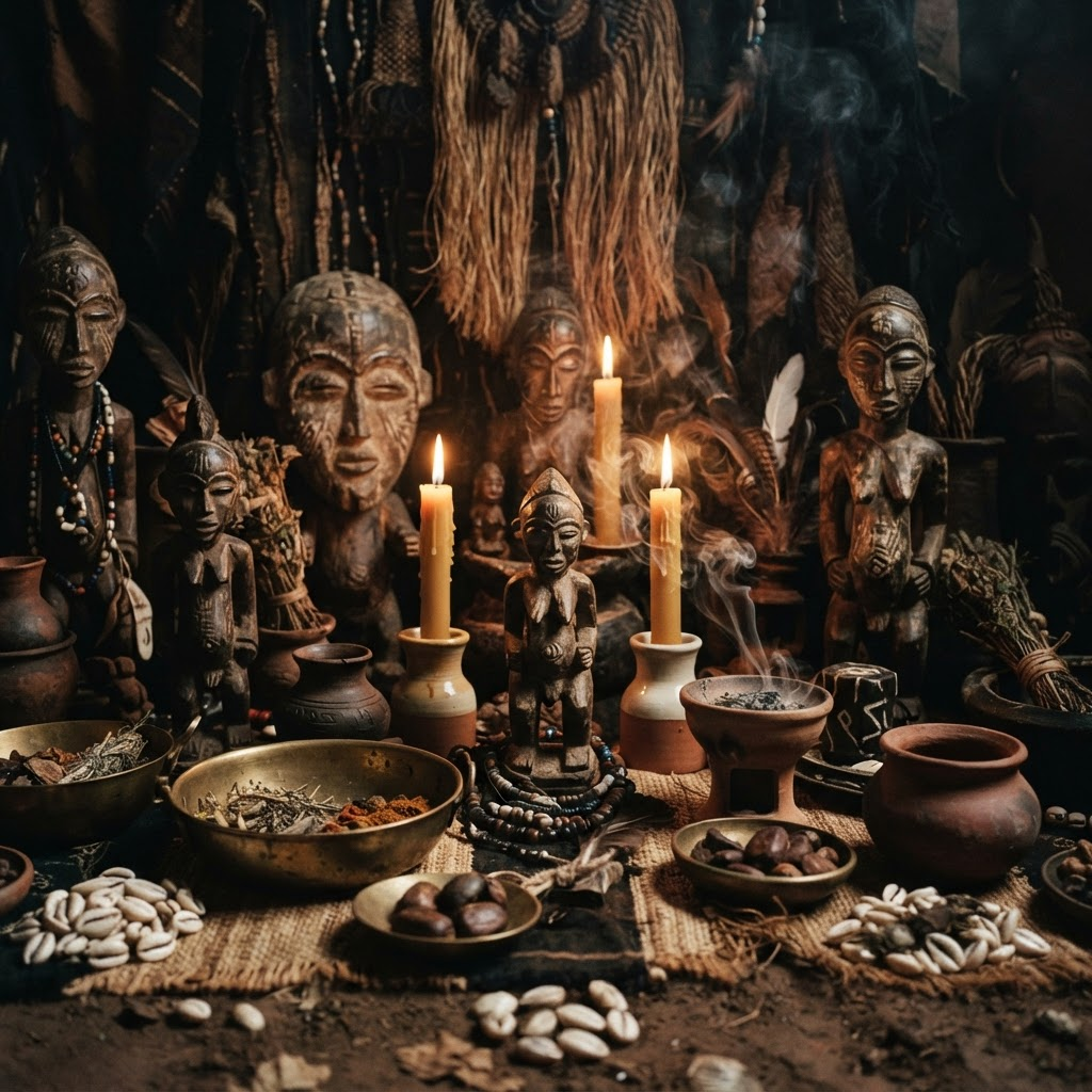 A candlelit ritual altar with carved figures, brass bowls, cowrie shells, and dried herbs