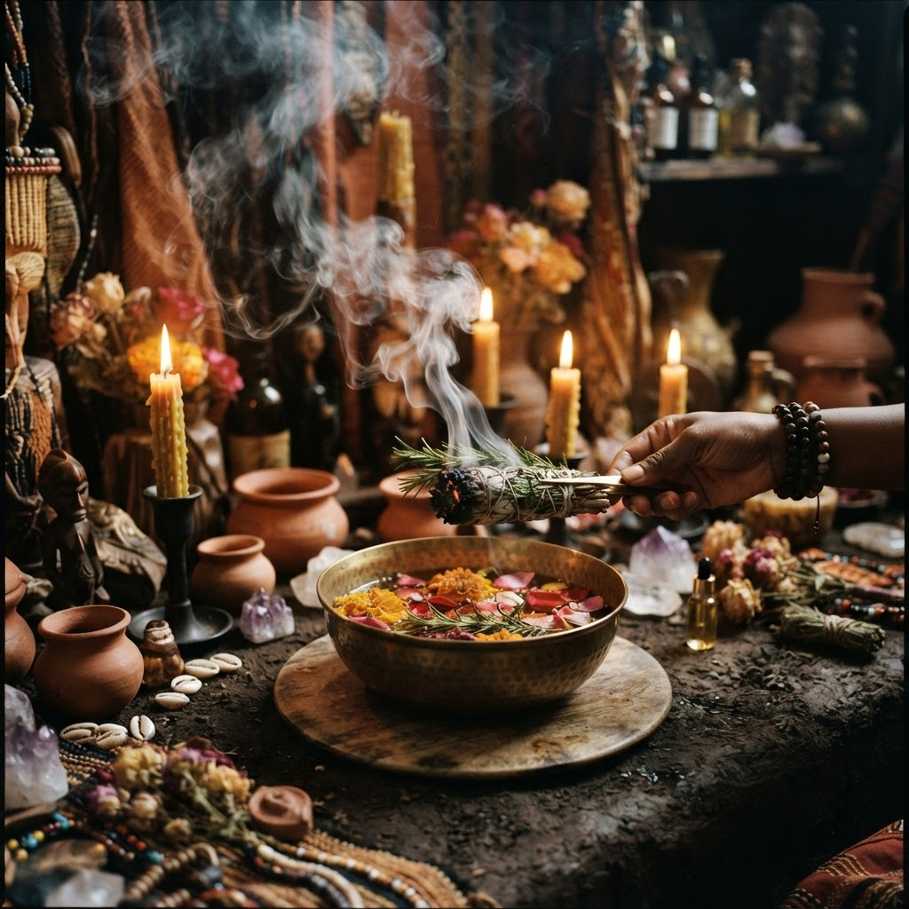 A cleansing ritual with smoldering herbs over a brass bowl of water