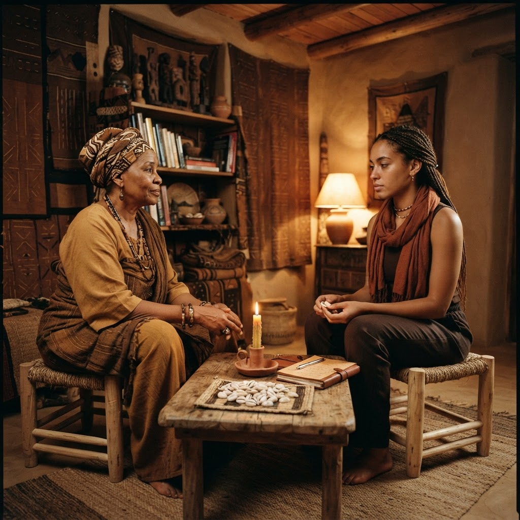 An intimate consultation space with woven stools and a candle