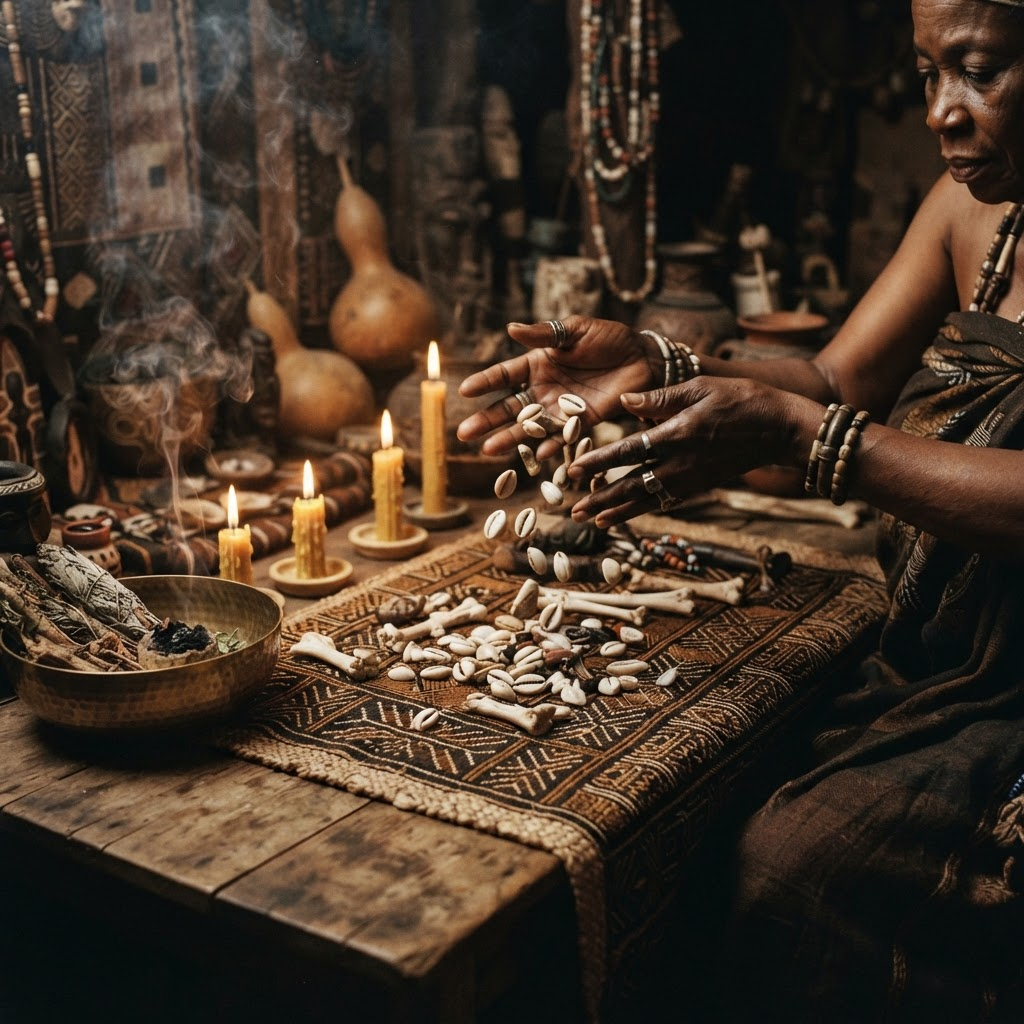 Hands casting cowrie shells and bones by candlelight